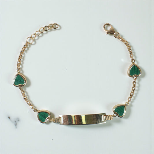 14K YG Baby Roll-on Name Plate With Green Heart Bracelet / 1.85gr / 2mm / 6in /