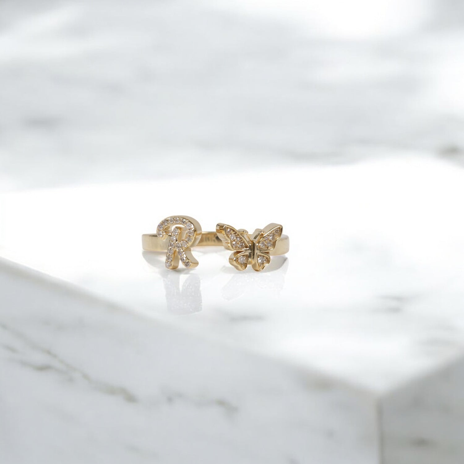 10K YG Diamond Butterfly - Letter R Rings / 2.26gr / Sz 7  / 0.09Wt Dia