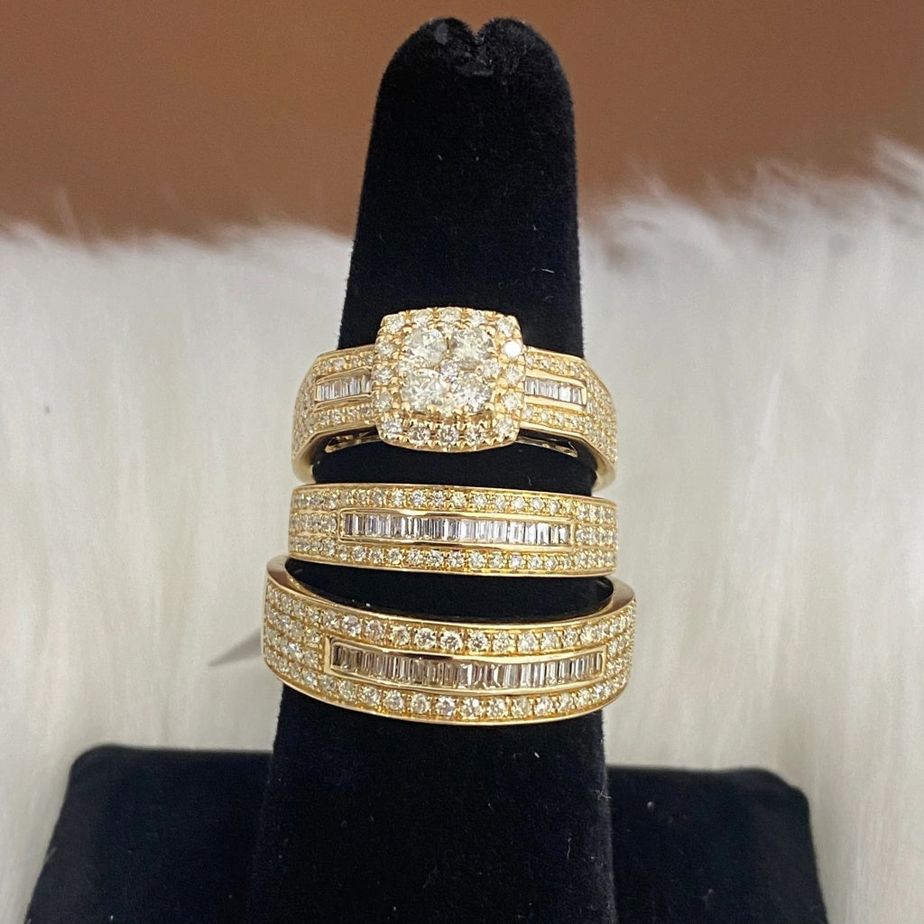 14K Yellow Gold Diamond Luxury Square Engagement Ring Trio 1.82Ct Dia / 9.2gr / Size 7W/10.5