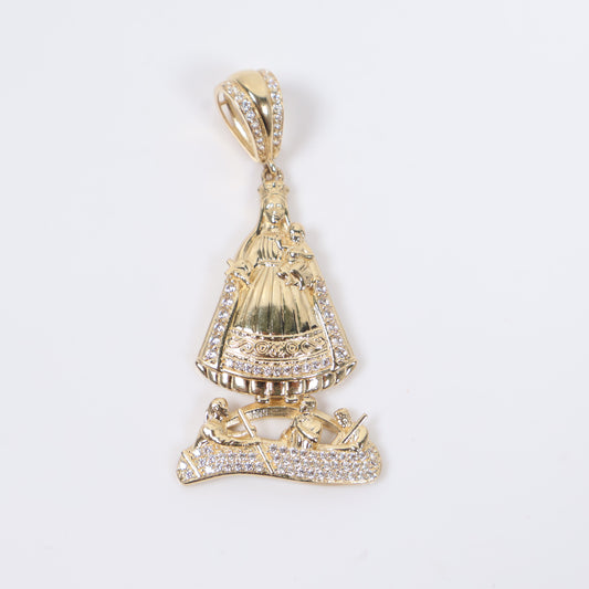14K YG The Virgin Of Charity Of Copper Pendant / 7.26gr / 1.7in / White Zircons
