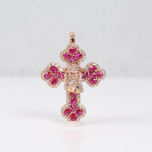 10K RG Diamond Cross - Jesus Face With Ruby Pendant / 9.34gr / 1.7in / D-1.05Ct / R-2.65