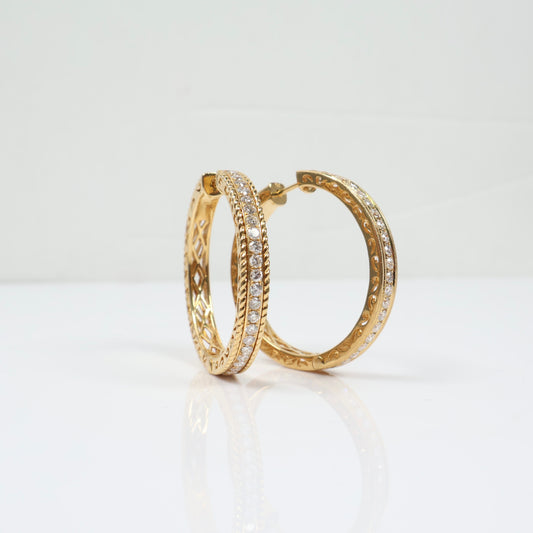 18K YG Diamond Luxury Hoop Earrings / 16.6gr / 1.3in / D-1.40Ct