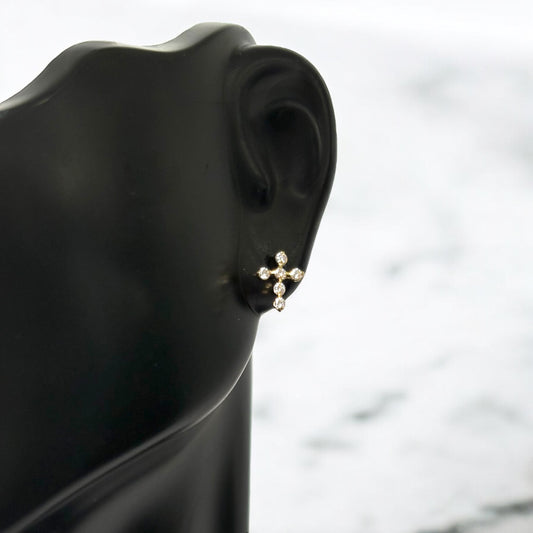 14K Yellow Gold Cross Stud Earrings With Zircons / 0.46gr