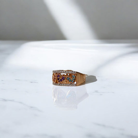 18K Rose Gold Lane Of Hearts Ring With Colored Zircons / 5gr / Size 7