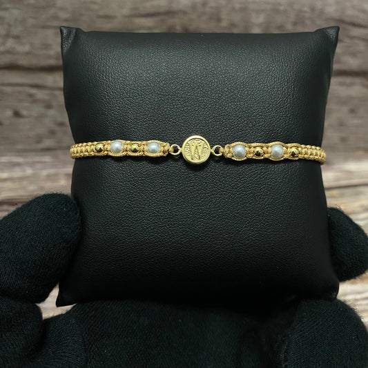 18K Yellow Gold Tejida Letter W Textured Circle- Smooth Balls Bracelet Adjustable / 0.6gr