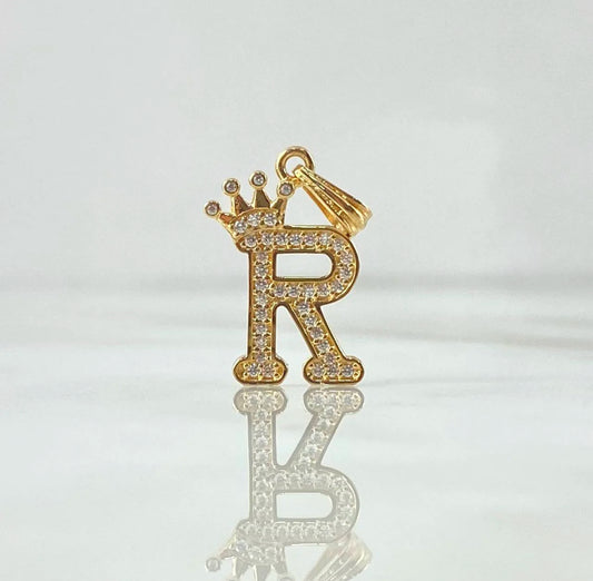 18K Yellow Gold Letter R With Crown Pendant With Zircons / 1.51gr / 1in
