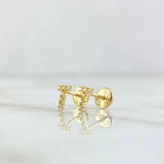 18K Yellow Gold Letter T Stud Earrings With Zircons / 0.6gr / 6mm