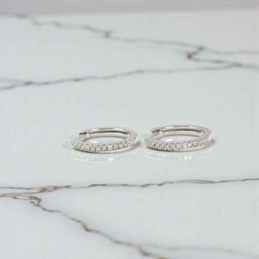 14K White Gold Diamond Luxury Hoop Earrings 0.14Ct / 1.2gr