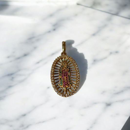 18K Yellow Gold Virgen Guadalupe Pendant With Green/Fucshia/White Zircons / 3.5gr