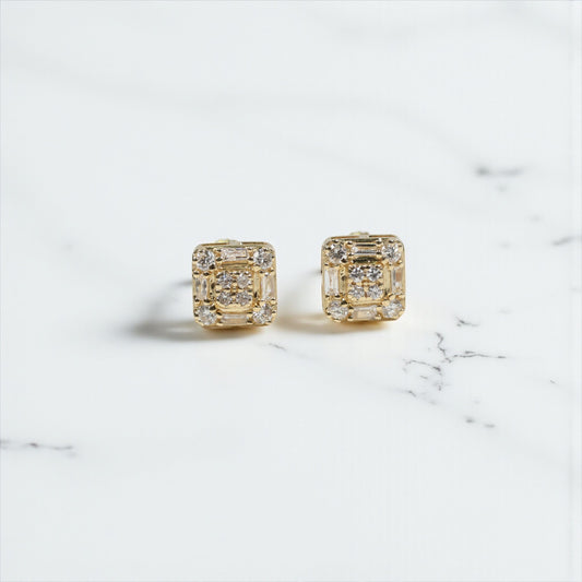 10K YG Diamond Double Square Fashion Stud Earrings / 1.06gr / 6mm / D 0.35Ct