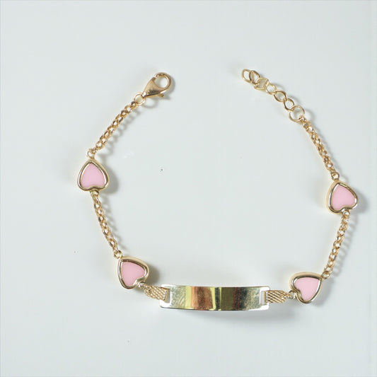 14K YG Baby Roll-on Name Plate With Pink Heart Bracelet / 2.58gr / 2mm / 6in /