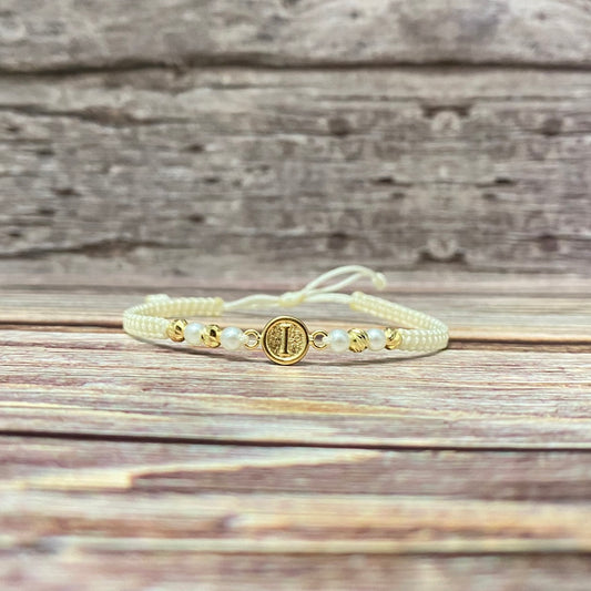 18K Yellow Gold Tejida Letter I Textured Circle-Diamond Cut Balls Bracelet Adjustable / 0.91gr