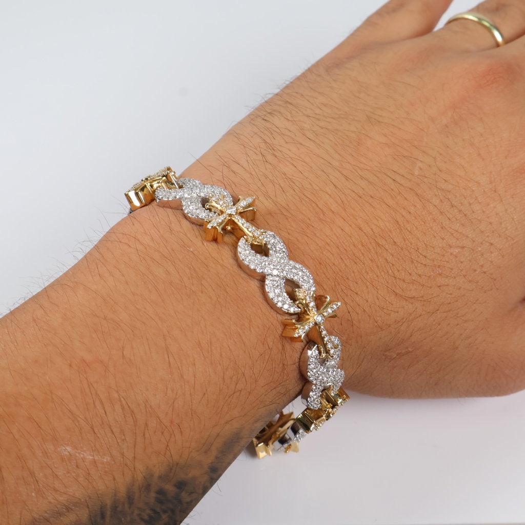 10K 2 Tone Diamond Cross-Infinite Bracelet / 37.7gr / 12mm / 8.5in / 8.73Ct / VS2-SI / G-H