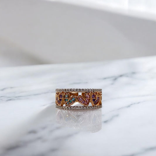 18K Rose Gold Lane Of Hearts Ring With Colored Zircons / 5gr / Size 7