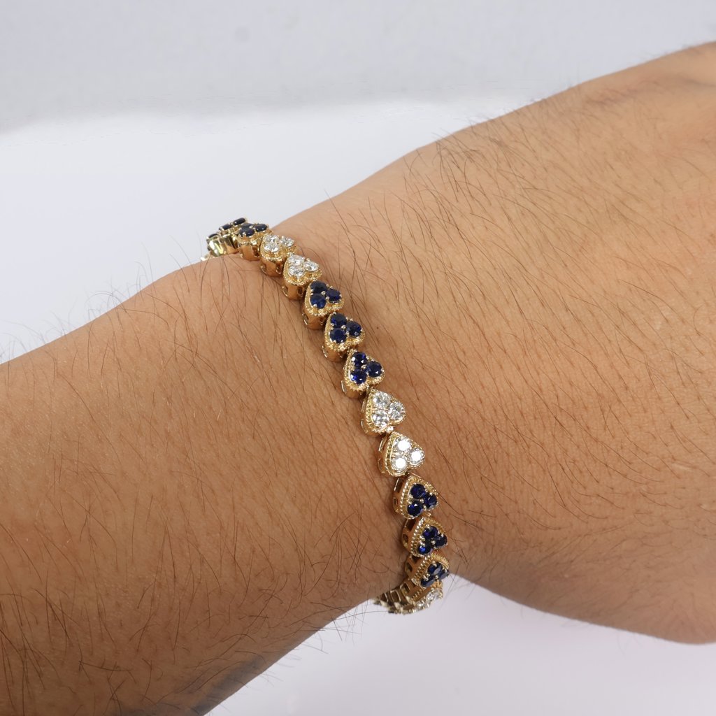 14K YG Diamond Heart With Sapphire Bracelet / 15.8gr / 6mm / 7in / 1.65Ct / VS2-SI / G-H - 3.21Ct Sapp