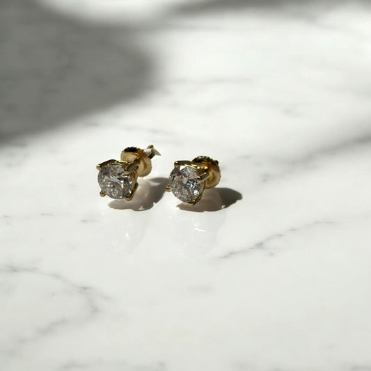 14K Yellow Gold Lab Diamond Solitaire Round Stud Earrings 2Ct Lab Dia Vs / 2gr / 6mm