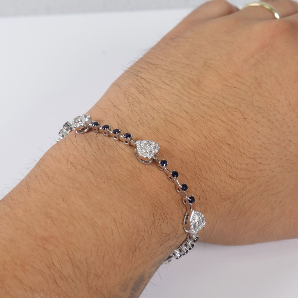 14K WG Diamond Heart With Sapphire Bracelet / 12.2gr / 2.5mm / 7in / 1.15Ct / VS2-SI / G-H / 1.00Ct Sapp