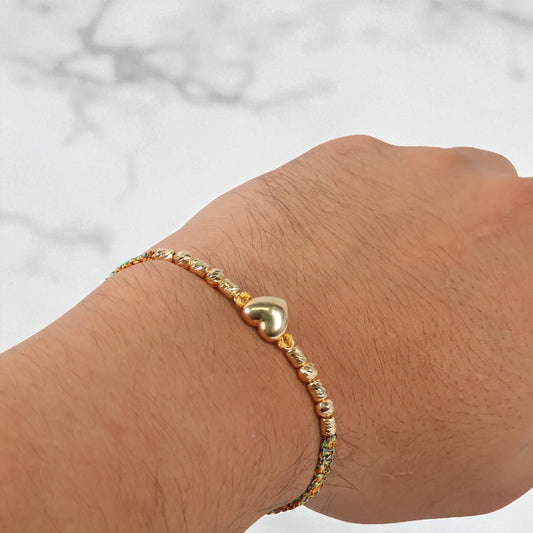 18K YG Heart-Diamond Cut Balls-Cylinder Bracelet Tejido / 1.41gr / Adjustable /