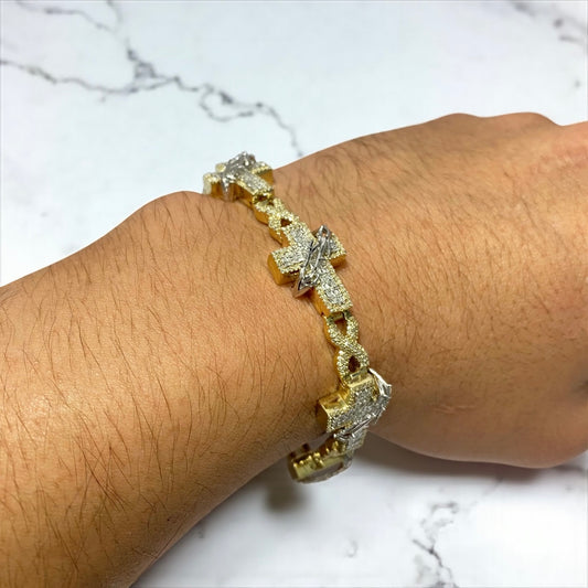 10K Yellow - White Gold Spine-Crosses Bracelet 3.21Ct Dia / 33.67gr / 6.1mm / 8in