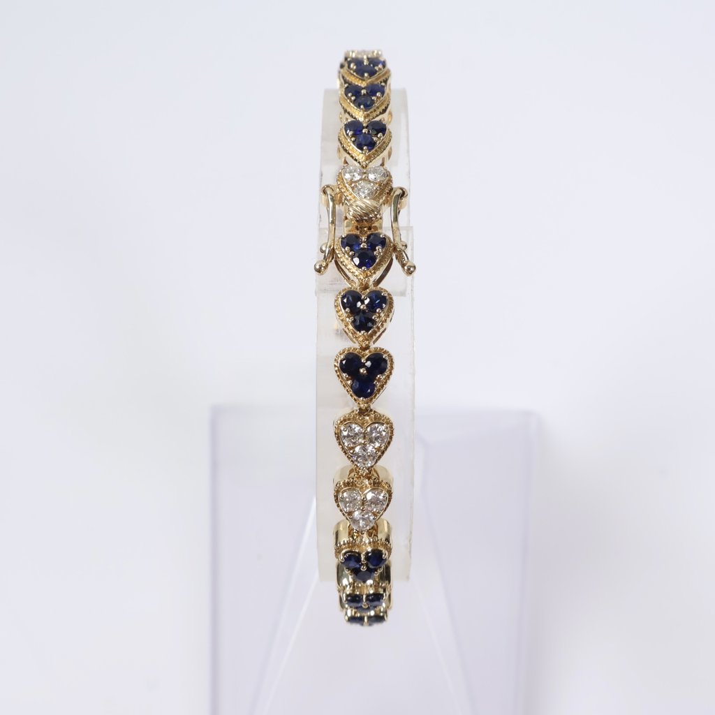 14K YG Diamond Heart With Sapphire Bracelet / 15.8gr / 6mm / 7in / 1.65Ct / VS2-SI / G-H - 3.21Ct Sapp