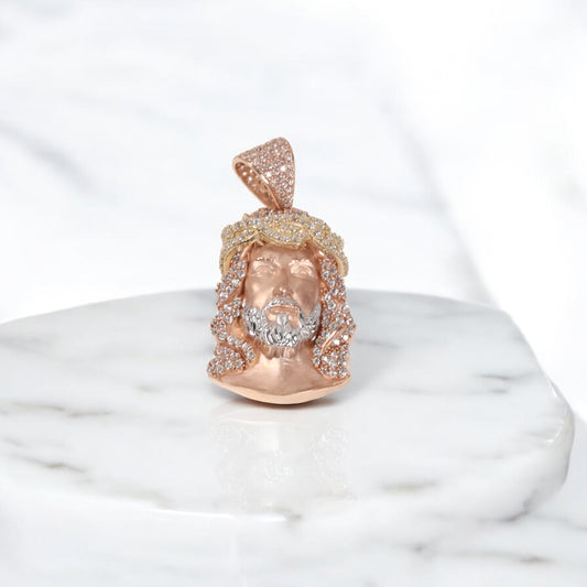 14K 3 Tone Big Jesus Face Pendant / 11.12gr / 1.8in / White Zircons