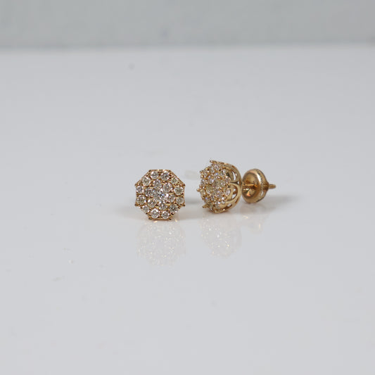 14K Yellow Gold Diamond Flower Stud Earrings 0.82Ct Dia / 2.13gr