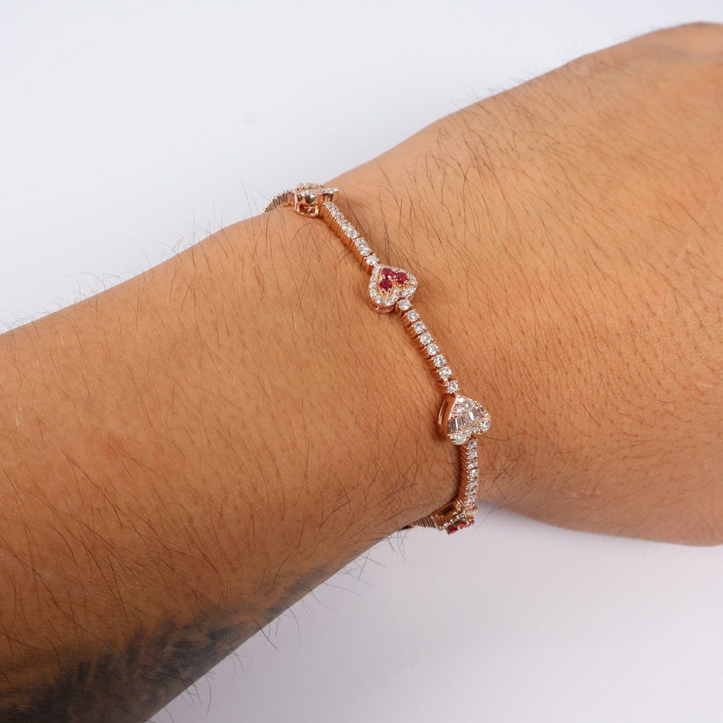 14K RG Diamond Heart-Tennis With Ruby Bracelet / 12.5gr / 2.2mm / 7in / 2.75Ct / VS2 / G-H / 0.40Ct Ruby