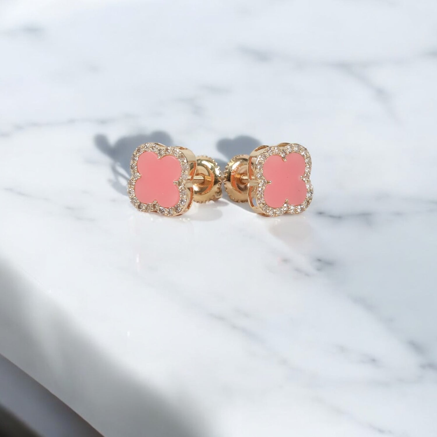 14K YG Pink Clover Stud Earrings / 1.55gr / 10mm  / 0.47Ct Dia