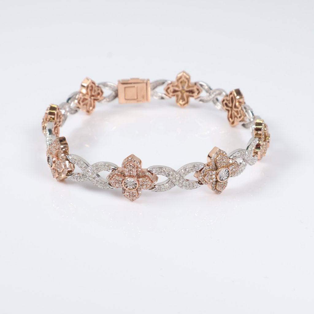 10K 2 Tone Diamond Infinity Flower Link Bracelet / 18.6gr / 8mm / 8in / 4.50Ct / VS2-SI / G-H