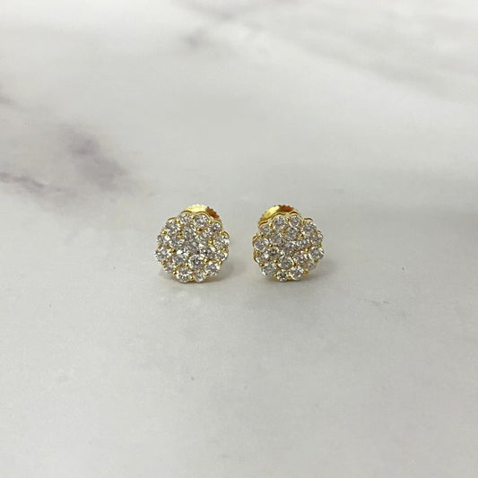 14K Yellow Gold Lab Diamond Flower Round Stud Earrings 1Ct Lab Dia Vs / 1.38gr / 9mm