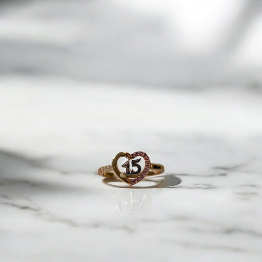 18K Rose - White Gold Heart 15S Ring With Zircons / 2.3gr / Size 8