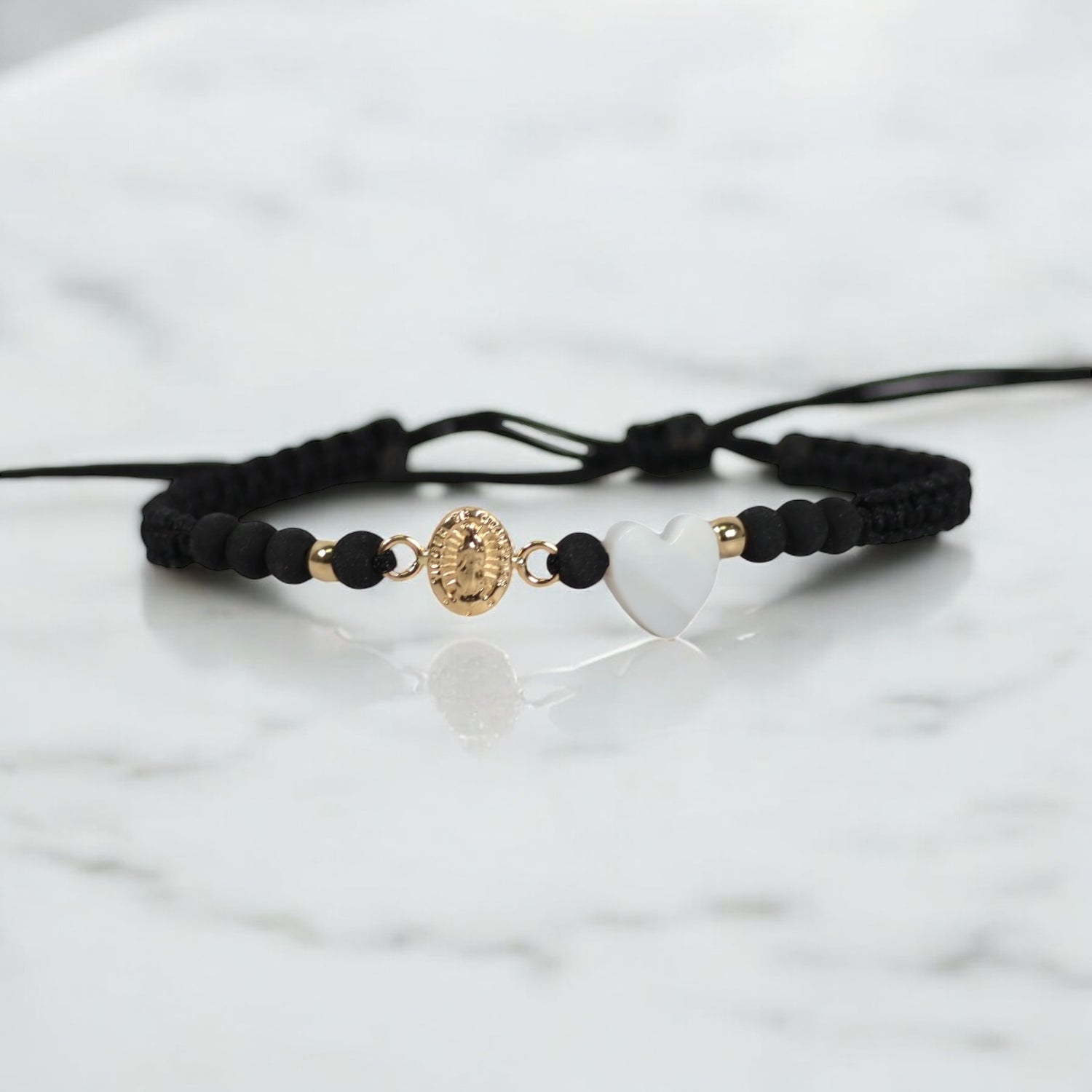 18K YG Virgin Of Guadalupe -Heart - Smooth Balls Bracelet Tejido / 0.4gr / Adjustable /