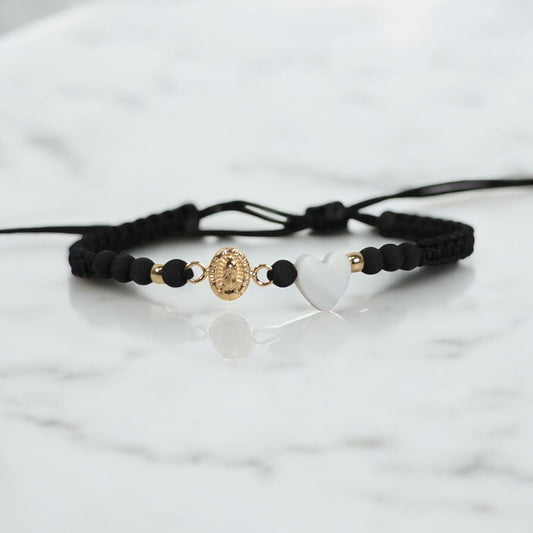 18K YG Virgin Of Guadalupe -Heart - Smooth Balls Bracelet Tejido / 0.4gr / Adjustable /
