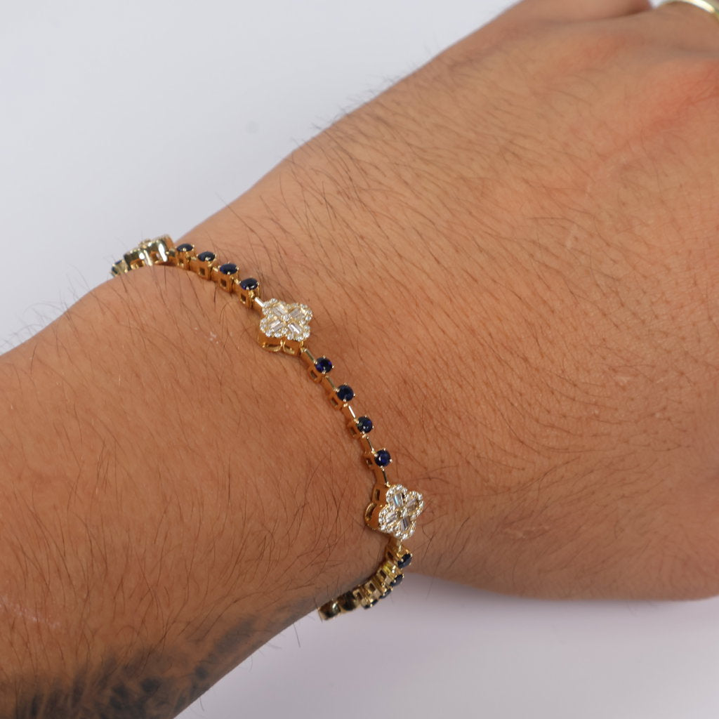 14K YG Diamond Clovers With Sapphire Bracelet / 11.35gr / 2.6mm / 7in / 1.40Ct / VS2-SI / G-H / 2.02Ct Sap
