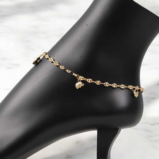 18K Yellow Gold Gc-Butterfly-Dolphin-Oso Ts-Elephant Anklet / 4.3gr / 3.6mm / 9.5in