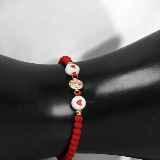 18K YG Virgin Of Guadalupe -Hearts - Smooth Balls Bracelet Tejido / 0.4gr / Adjustable /