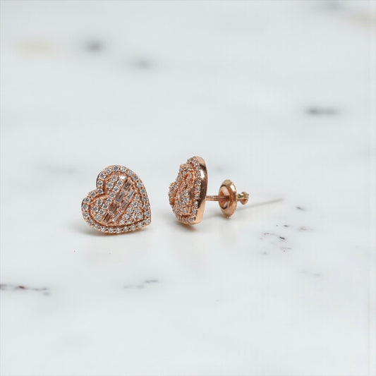 10K RG Diamond Double Heart Stud Earrings / 3.5gr / 11mm / D 0.70Ct
