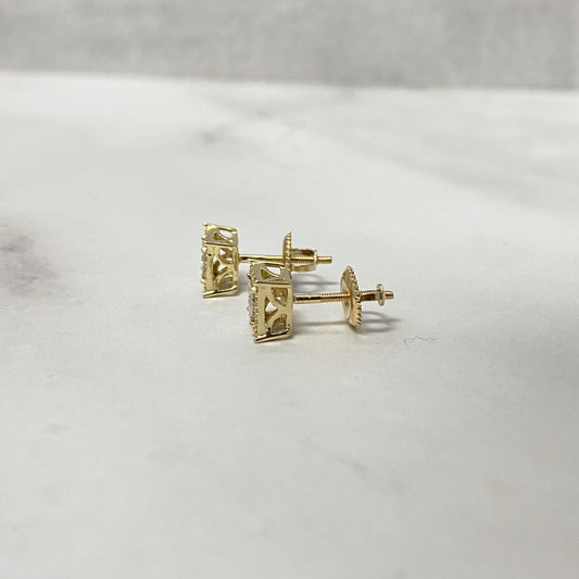 10K Yellow Gold Diamond Square Luxury Stud Earrings 0.08Ct Dia / 1.47gr / 6mm