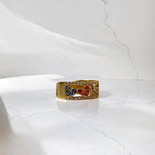 18K Yellow Gold Lane Of Hearts Ring With Colored Zircons / 3.9gr / Size 6 1/4