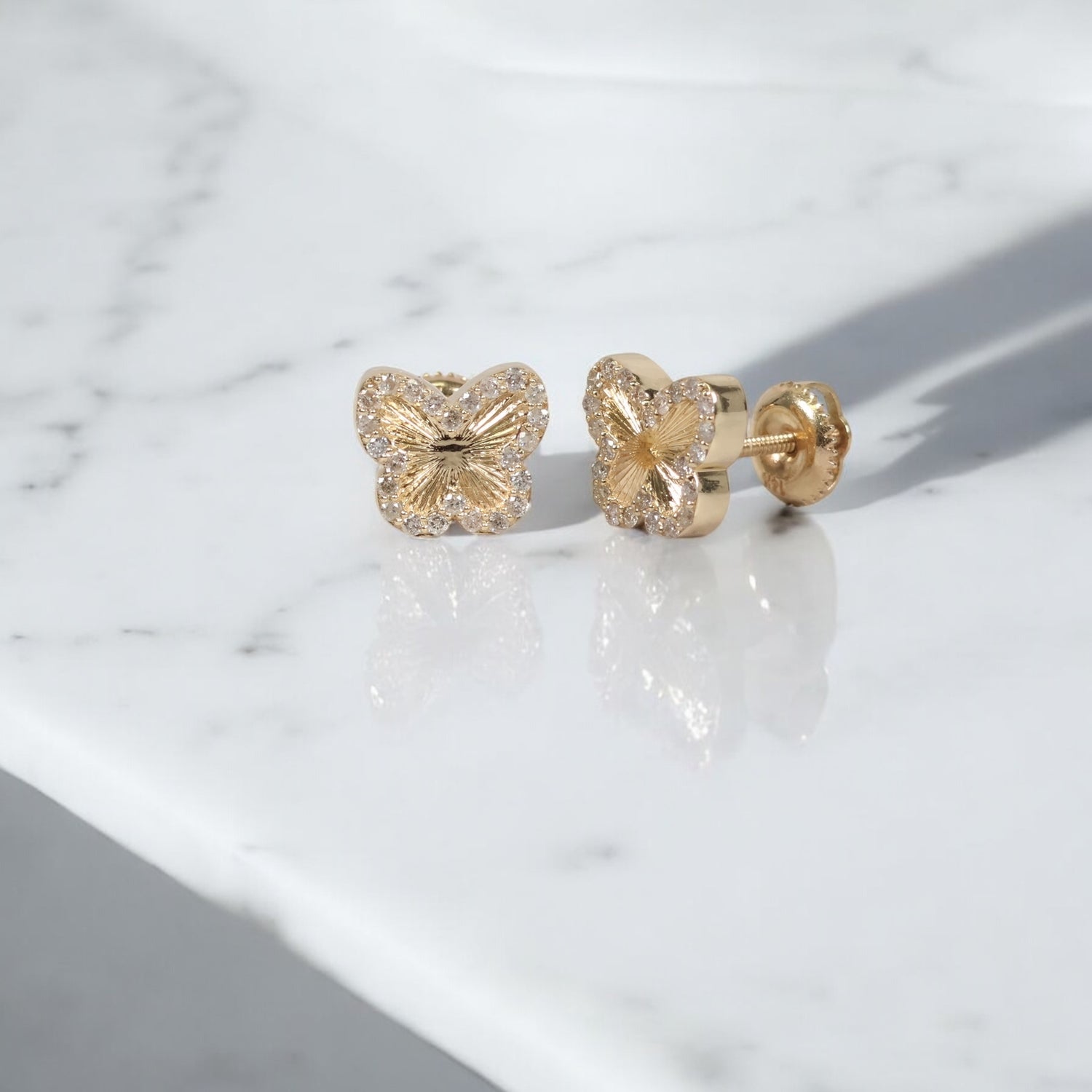 14K YG Diamond Butterfly Stud Earrings / 2.44gr / 9mm / 0.45Ct Dia