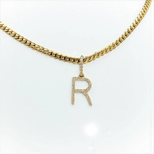 Letter R Pendant 10K Yellow Gold With Diamond / 2.7gr
