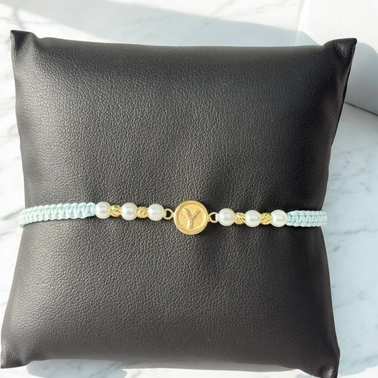 18K Yellow Gold Tejida Letter Y Circle Mate- Smooth Balls Bracelet Adjustable / 0.72gr