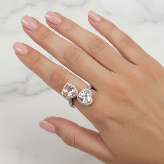 14K WG Lab Diamond Double Heart Rings / 7.68gr / Sz 6 1/4 / Lab HT-6.13Ct / Lab D-1.78Ct