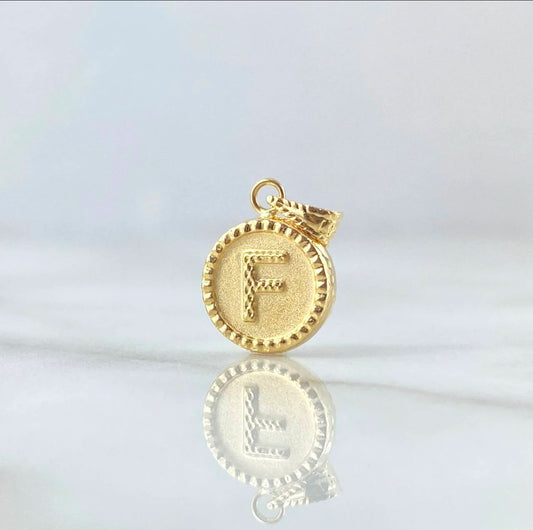18K YG Letter F Mate  Bordered Circle Pendant / 0.55gr / 0.6in /