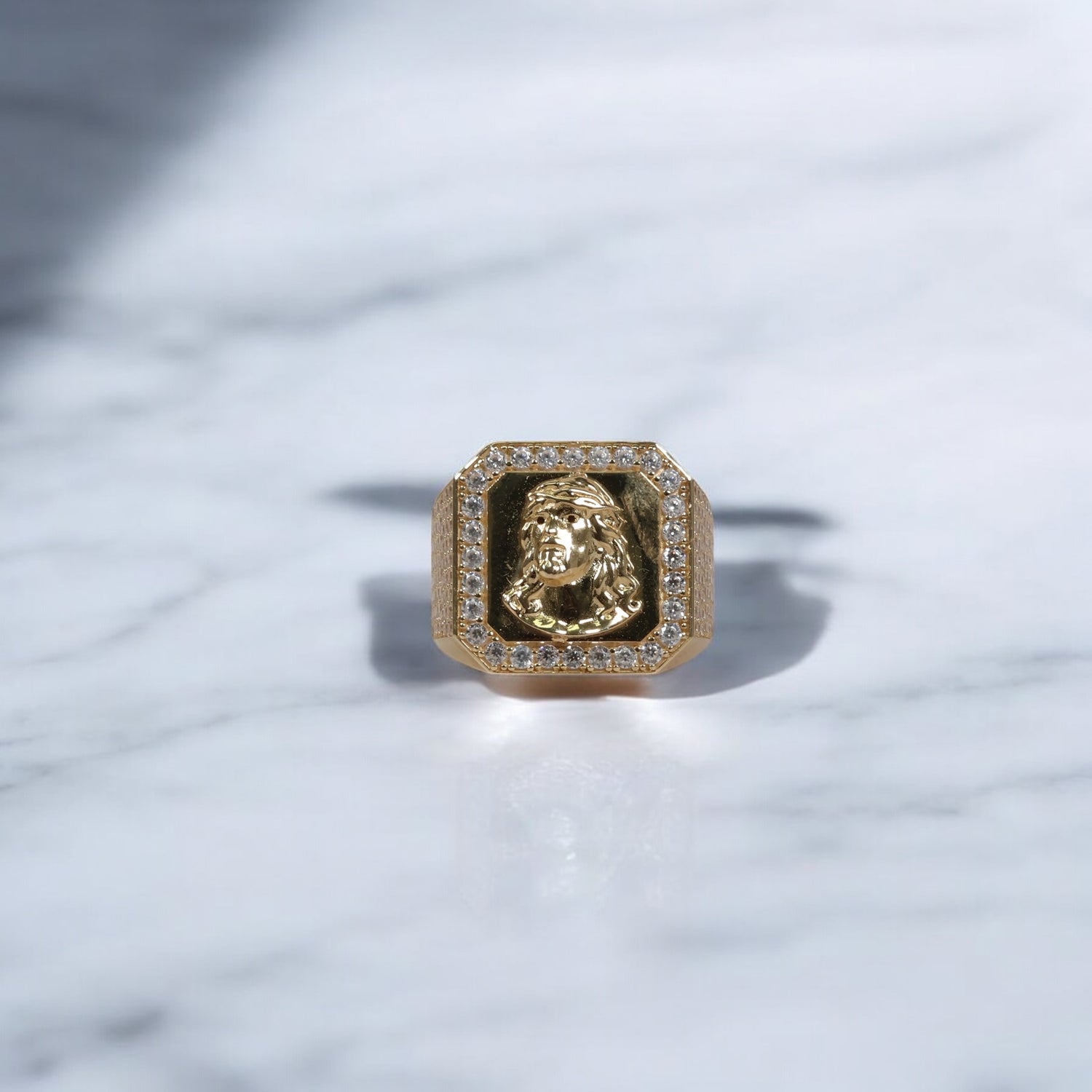 14K YG Jesus Face Rings / 8.5gr / Sz 10 / White Zircons