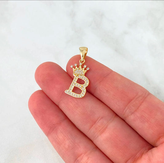 18K Yellow Gold Letter B With Crown Pendant With Zircons / 1.81gr / 1in