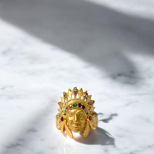 18K Yellow Gold Indio Ring With Colors Zircons / 11.7gr / Size 10 1/2