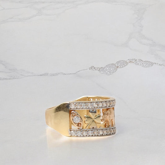14K Yellow Gold 7 Lucky Symbols Ring With Zirconia / 4.1gr / Size 7