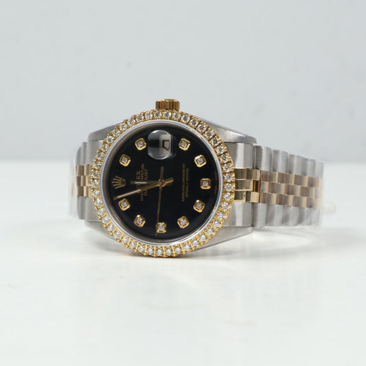 Rolex Datejust Two Tone Black Dia Dial - Diamond Bezel Watch / 36mm / Wt Dia