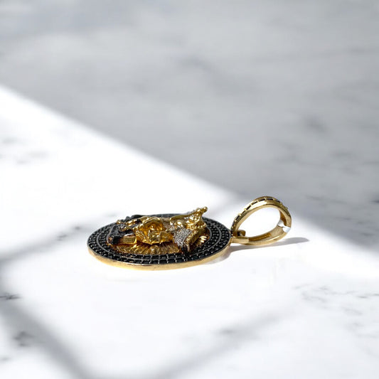 18K Yellow Gold Arcangel San Miguel Pendant With Black Zircons / 18.4gr